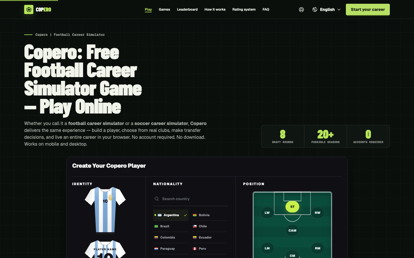 Copero football career simulator player creation screen